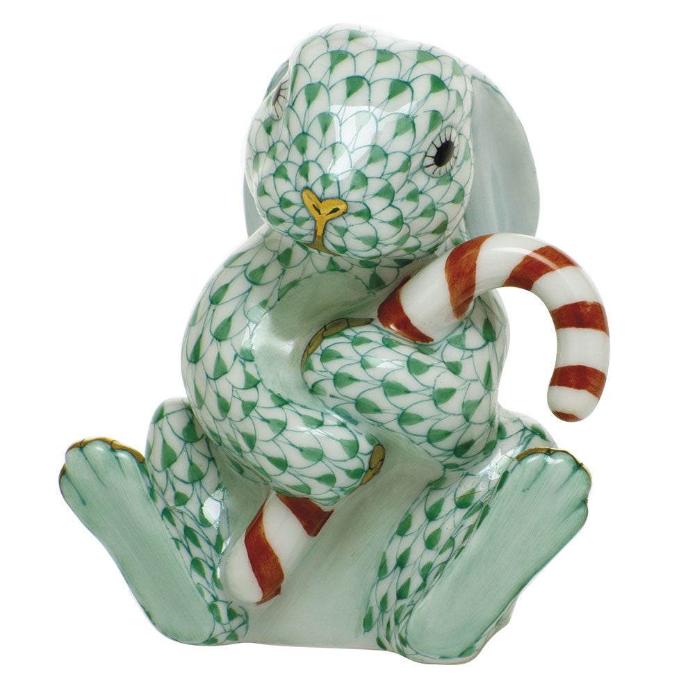 Hand-painted Herend Candy Cane Bunny Figurine in Green fishnet porcelain on a white background