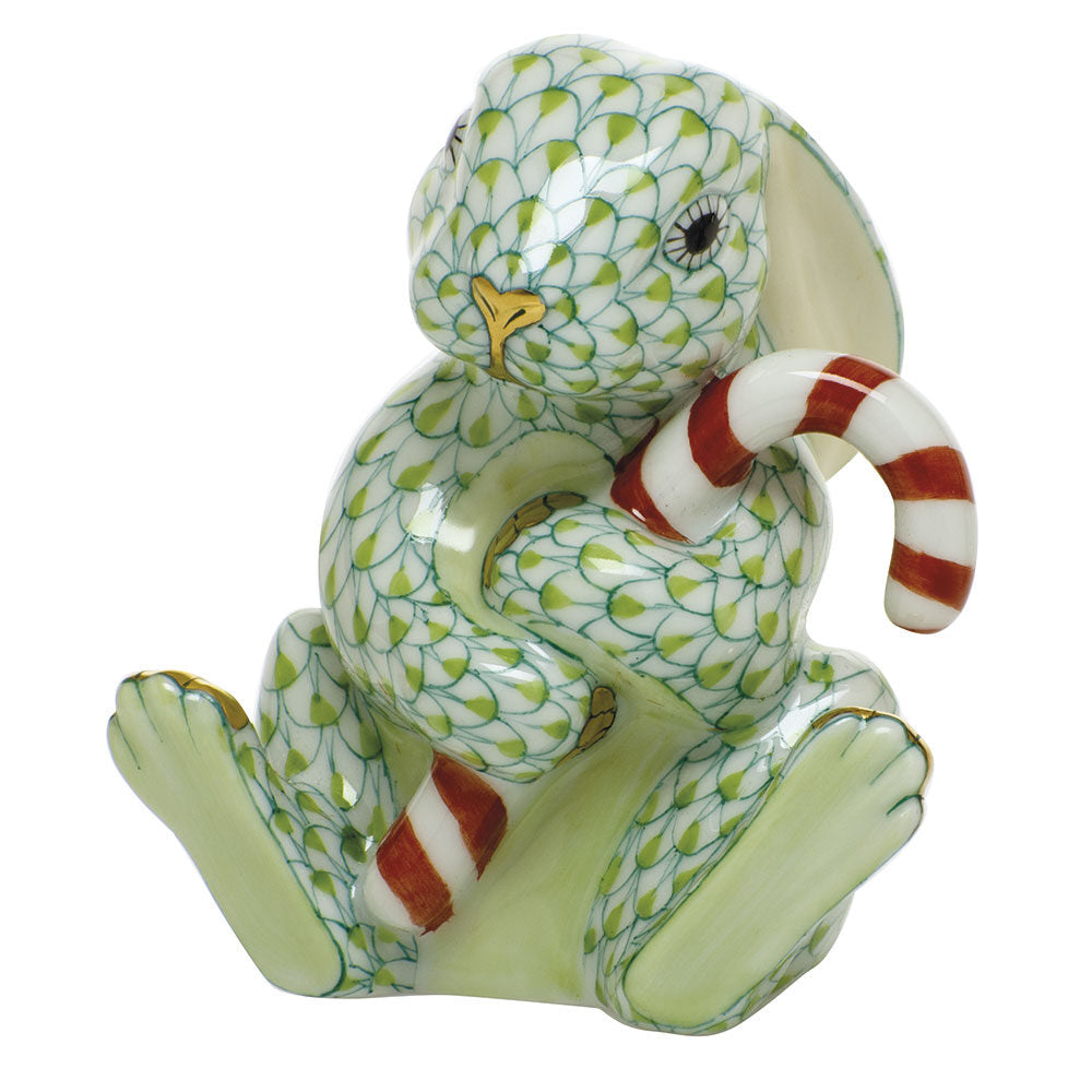 Herend Candy Cane Bunny Figurine porcelain figurine painted in the Key Lime fishnet pattern