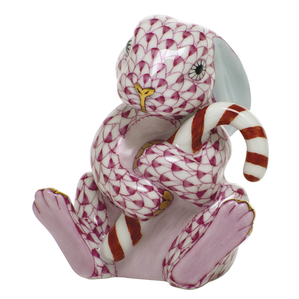 Candy Cane Bunny Figurine in hand-painted Raspberry porcelain by Herend of Hungary