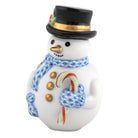 Herend Candy Cane Snowman figurine in Blue with blue fishnet pattern with gold accents on a white background