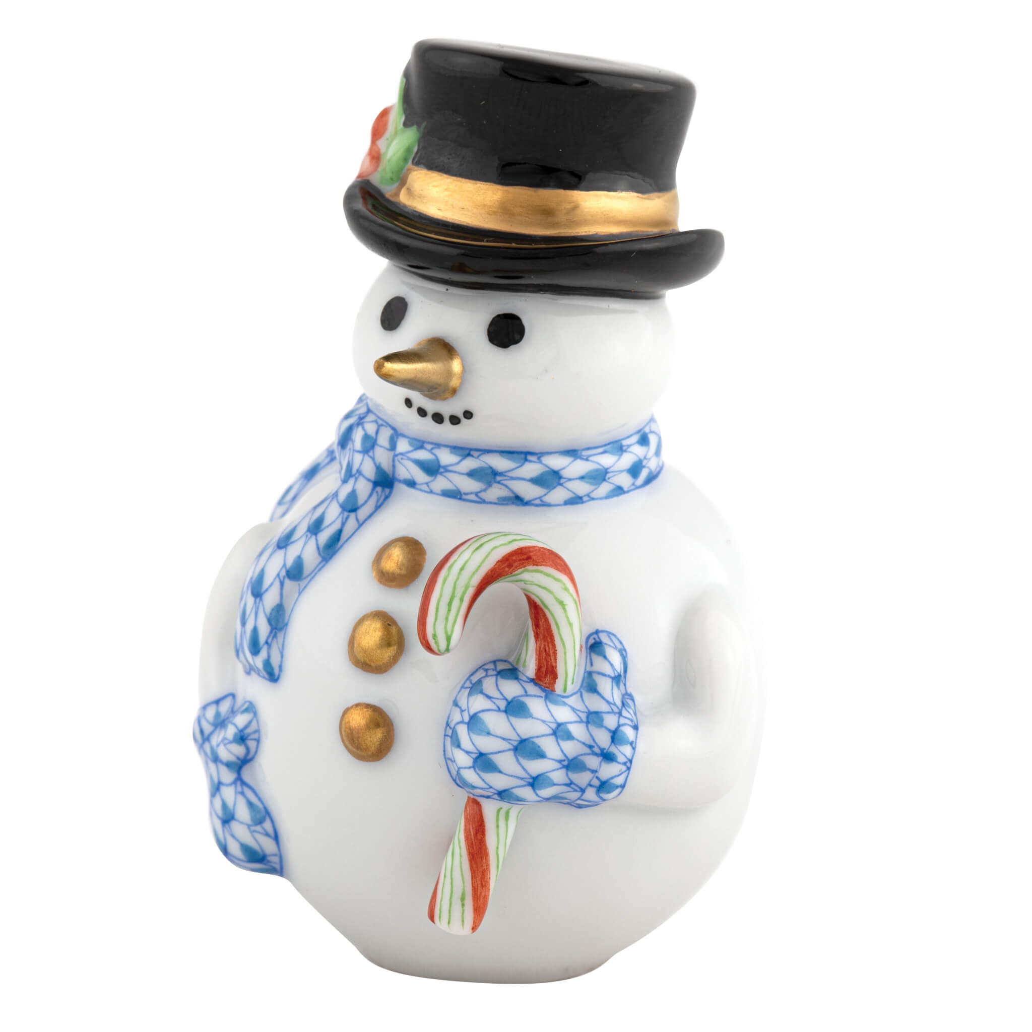 Herend Candy Cane Snowman figurine in Blue with blue fishnet pattern with gold accents on a white background