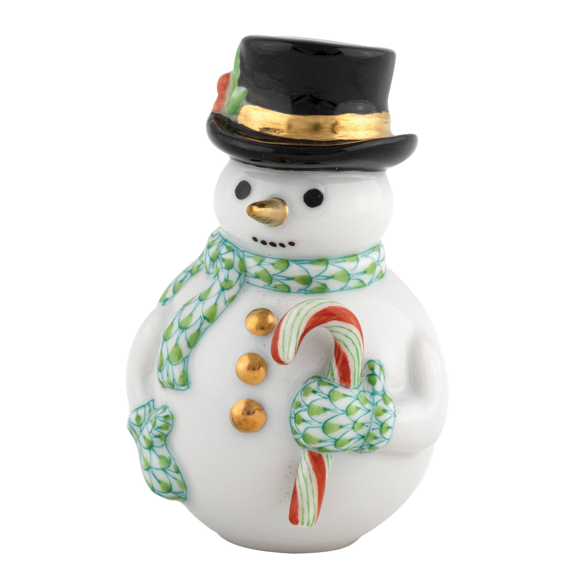 Key Lime fishnet Candy Cane Snowman Figurine figurine, hand-painted Herend porcelain with 24k gold accents