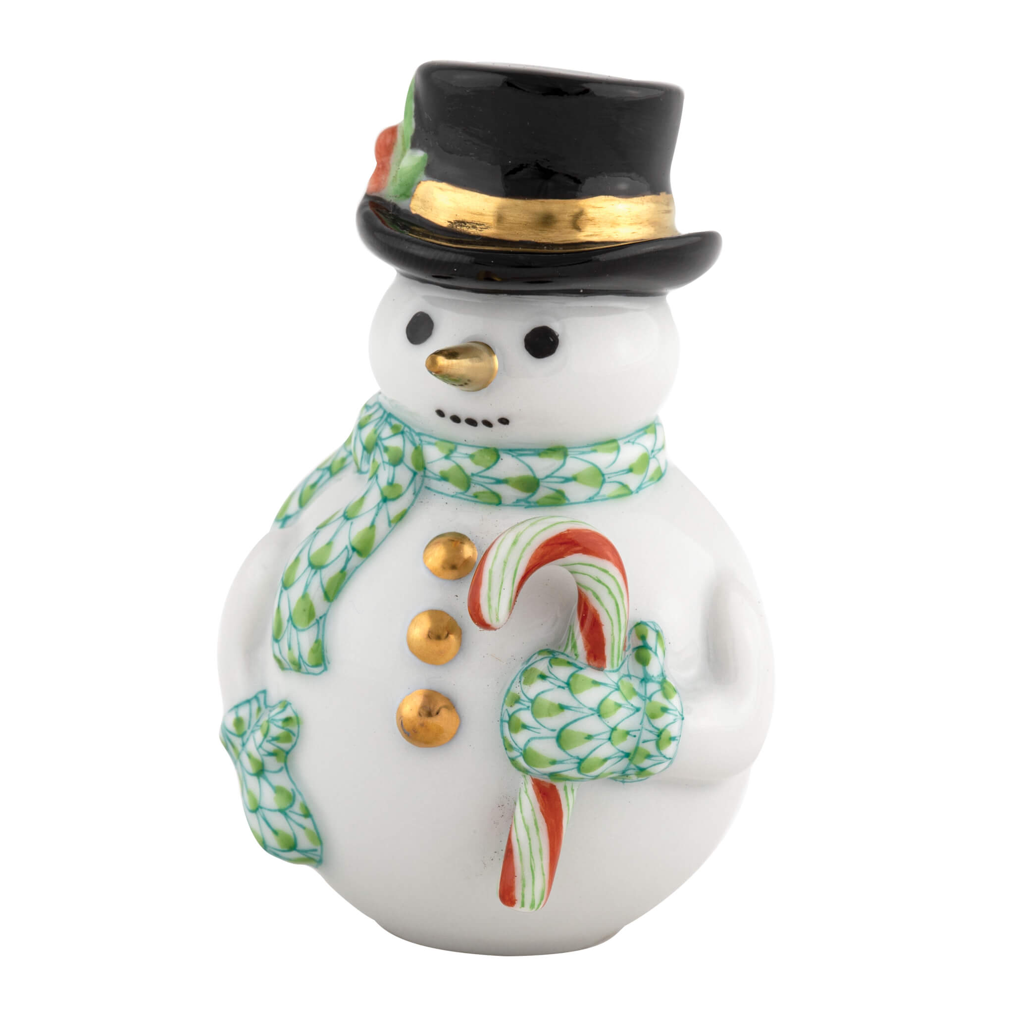 Herend Candy Cane Snowman figurine in Keylime with key lime green fishnet pattern with gold accents on a white background
