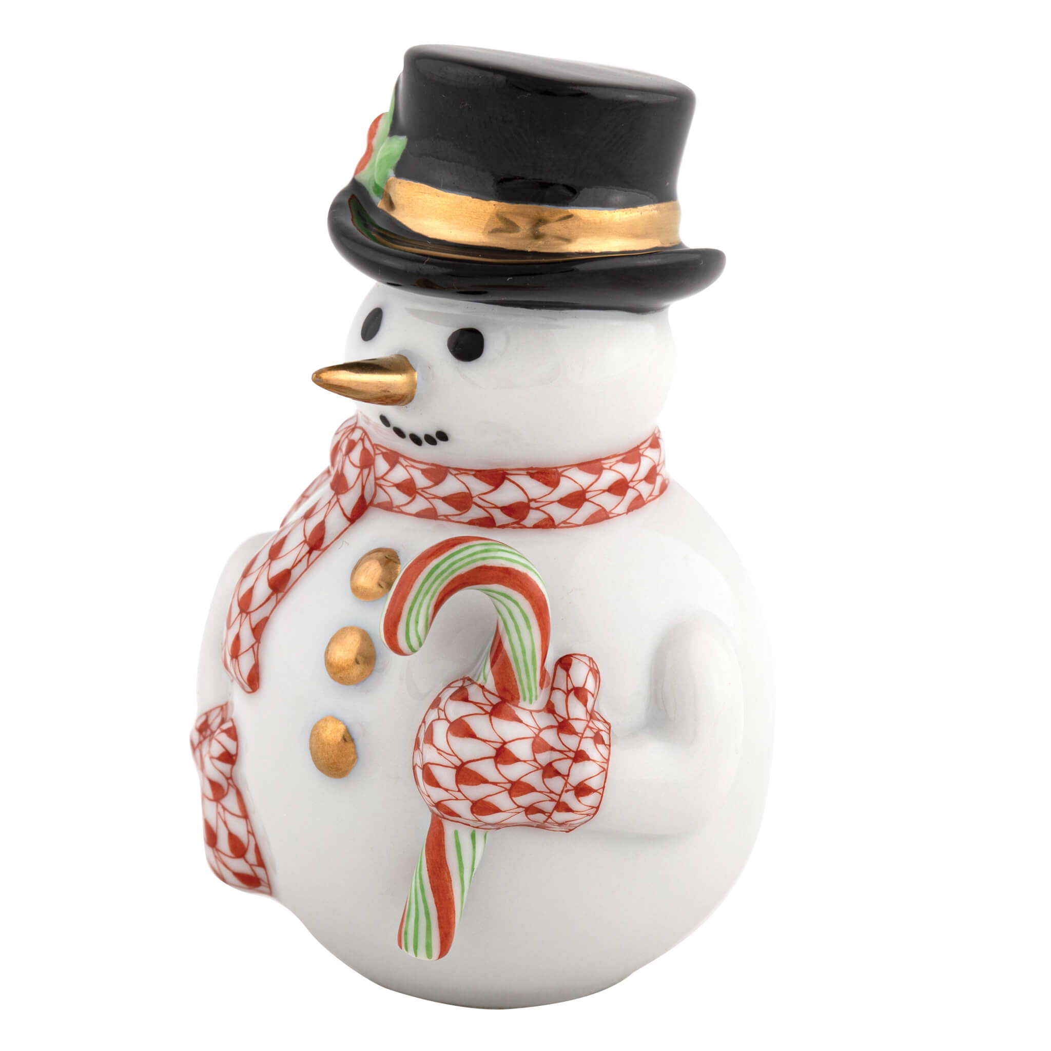 Herend Candy Cane Snowman figurine in Rust with red-orange fishnet pattern with gold accents on a white background