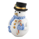 Herend Candy Cane Snowman figurine in Sapphire with deep sapphire blue fishnet pattern with gold accents on a white background