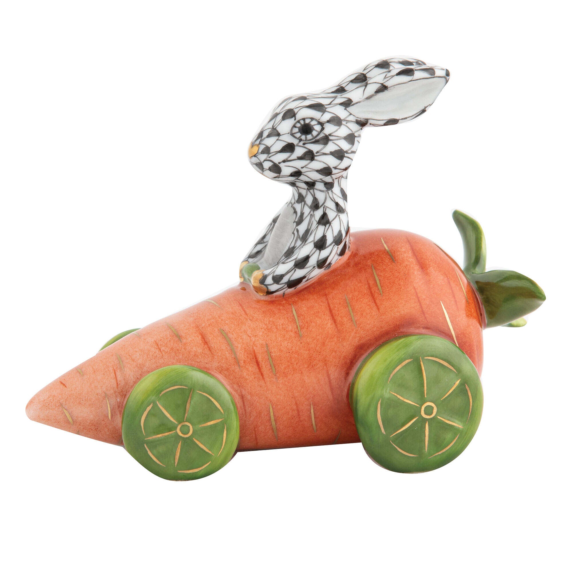 Herend Carrot Car Bunny Figurine porcelain figurine painted in the Black fishnet pattern