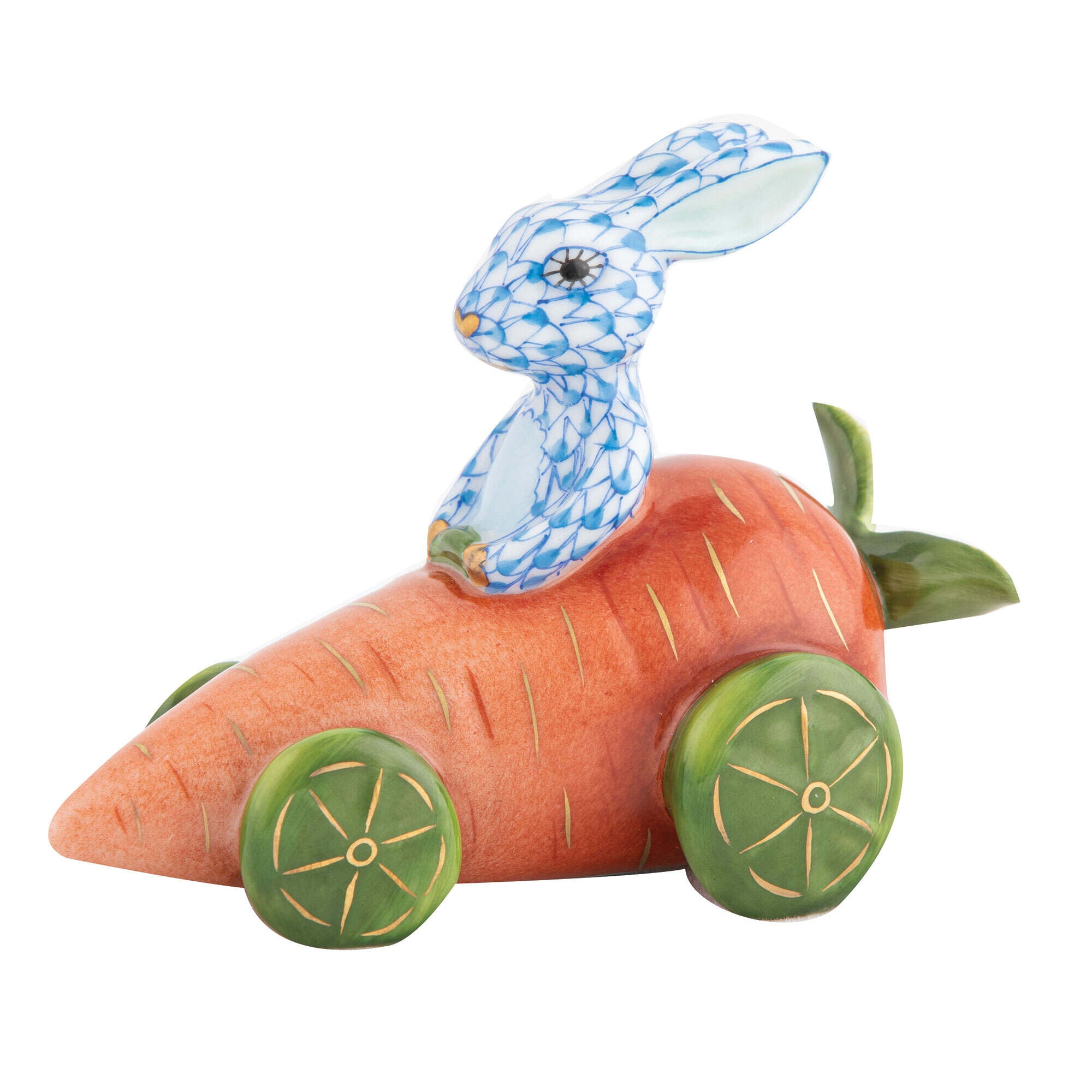 Blue fishnet Carrot Car Bunny Figurine figurine, hand-painted Herend porcelain with 24k gold accents