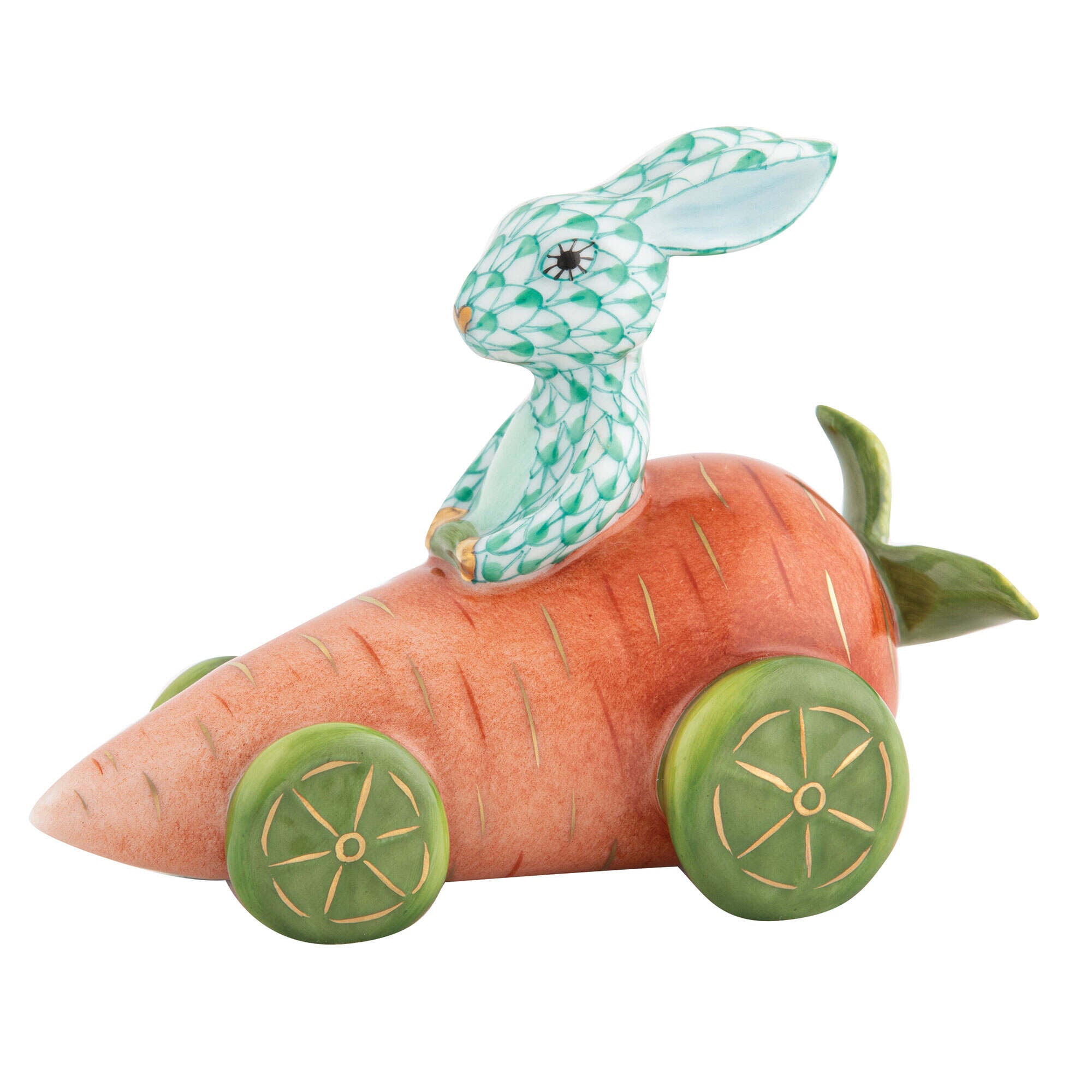 Green fishnet Carrot Car Bunny Figurine figurine, hand-painted Herend porcelain with 24k gold accents