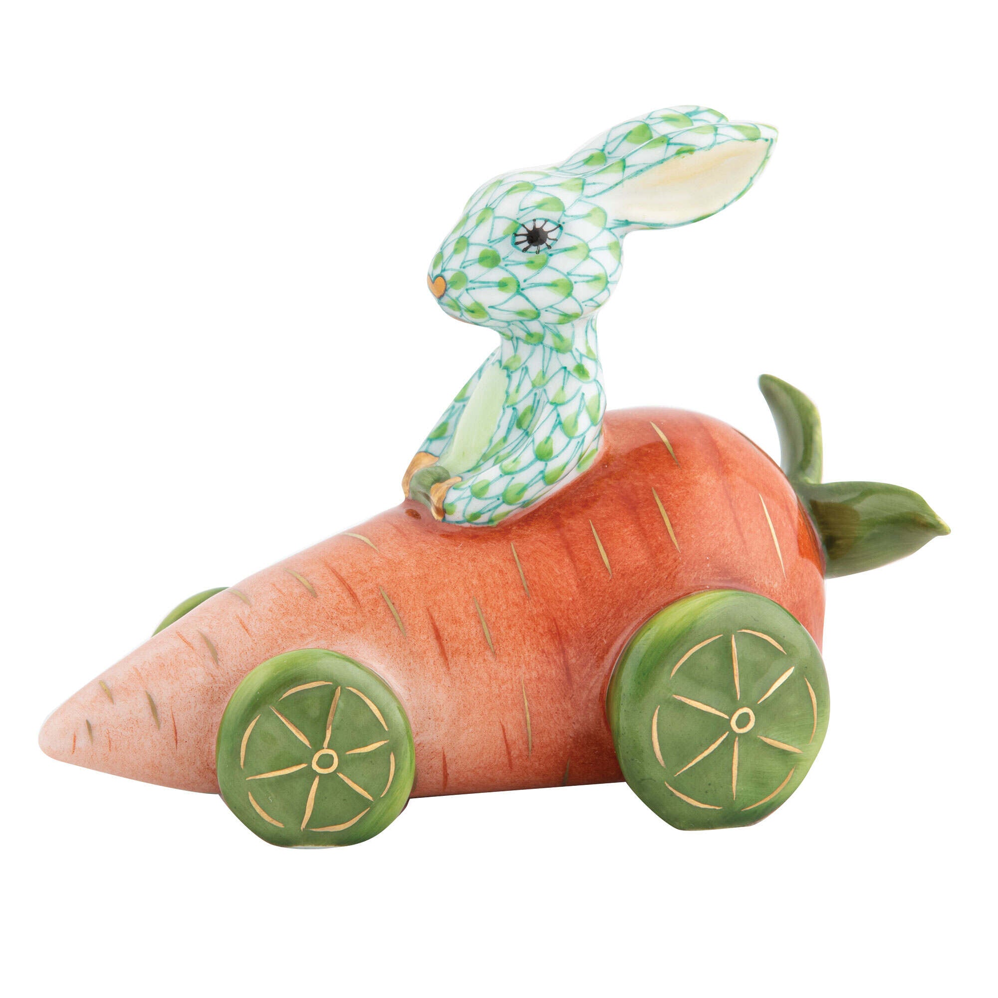 Carrot Car Bunny Figurine in hand-painted Key Lime porcelain by Herend of Hungary