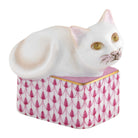 Raspberry fishnet Cat in Box Figurine figurine, hand-painted Herend porcelain with 24k gold accents