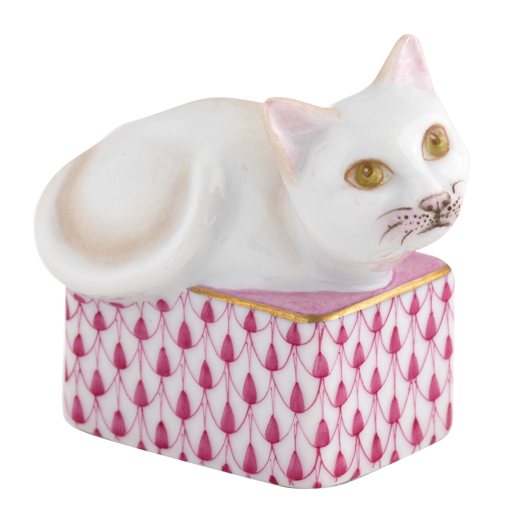 Raspberry fishnet Cat in Box Figurine figurine, hand-painted Herend porcelain with 24k gold accents