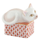 Herend Cat in Box Figurine porcelain figurine painted in the Rust fishnet pattern
