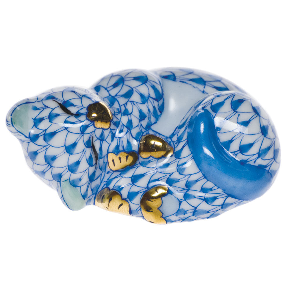 Hand-painted Herend Cat Nap Figurine in fine porcelain, 2in L X 1.25in W, on a white background
