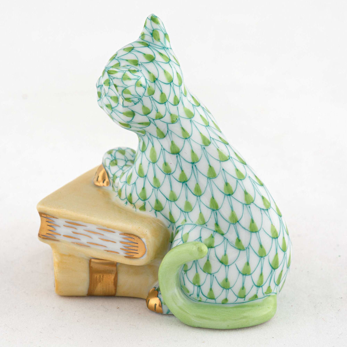 Herend Cat on Books Figurine – Key Lime, alternate view
