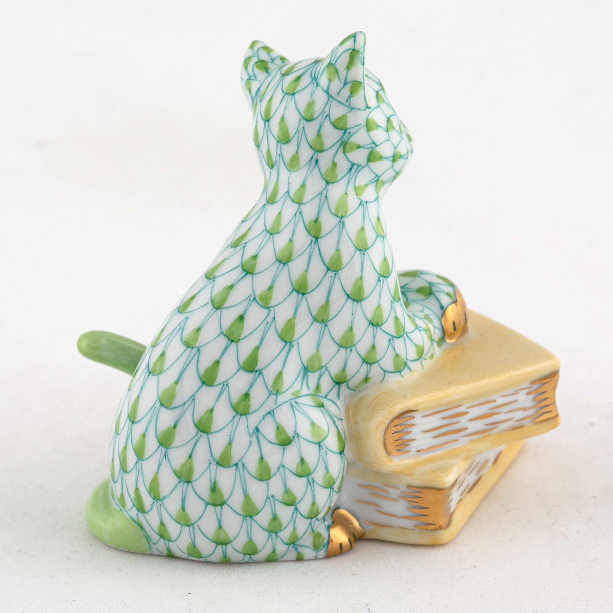 Herend Cat on Books Figurine – Key Lime, alternate view