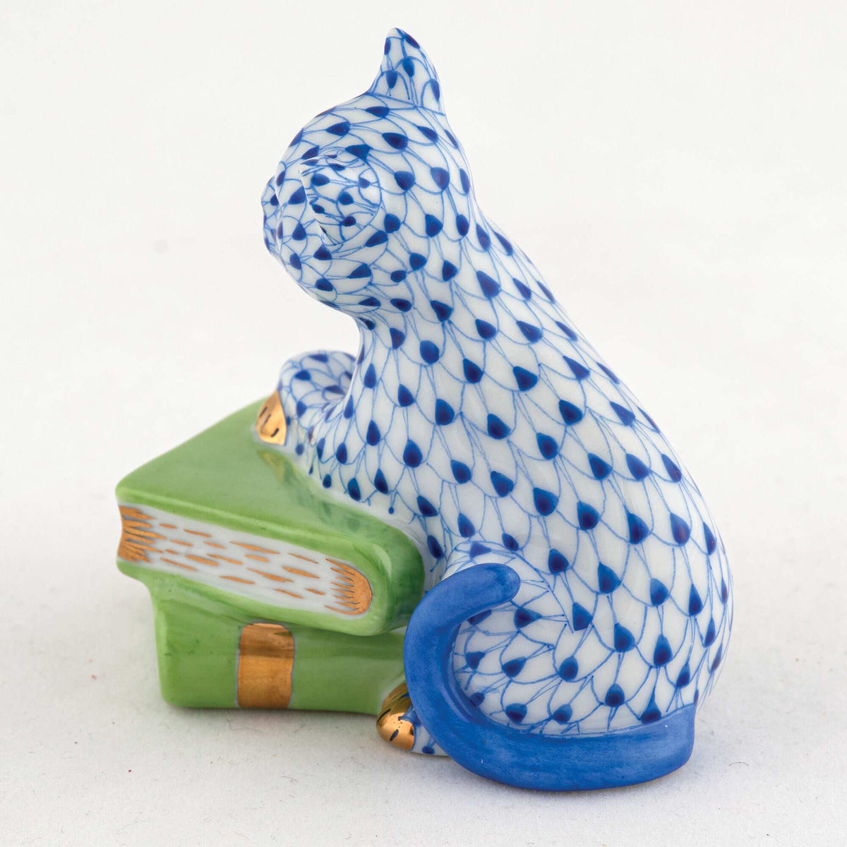 Herend Cat on Books Figurine – Sapphire, alternate view