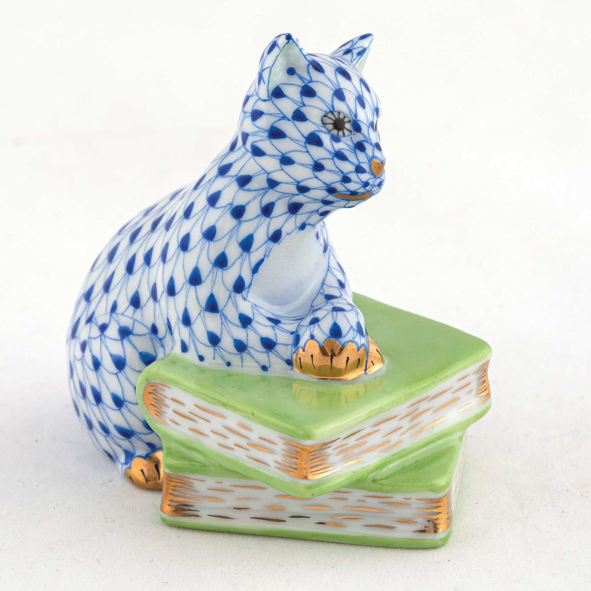Herend Cat on Books Figurine – Sapphire, alternate view