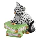 Cat on Books Figurine in hand-painted Black porcelain by Herend of Hungary