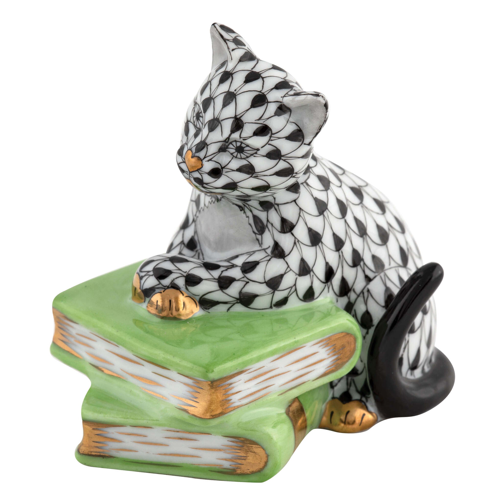 Cat on Books Figurine in hand-painted Black porcelain by Herend of Hungary