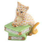 Hand-painted Herend Cat on Books Figurine in Butterscotch fishnet porcelain on a white background