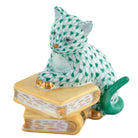 Green fishnet Cat on Books Figurine figurine, hand-painted Herend porcelain with 24k gold accents