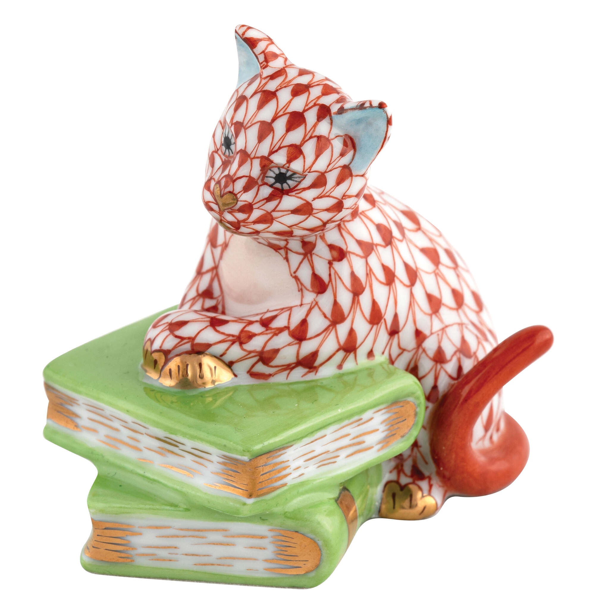 Hand-painted Herend Cat on Books Figurine in Rust fishnet porcelain on a white background