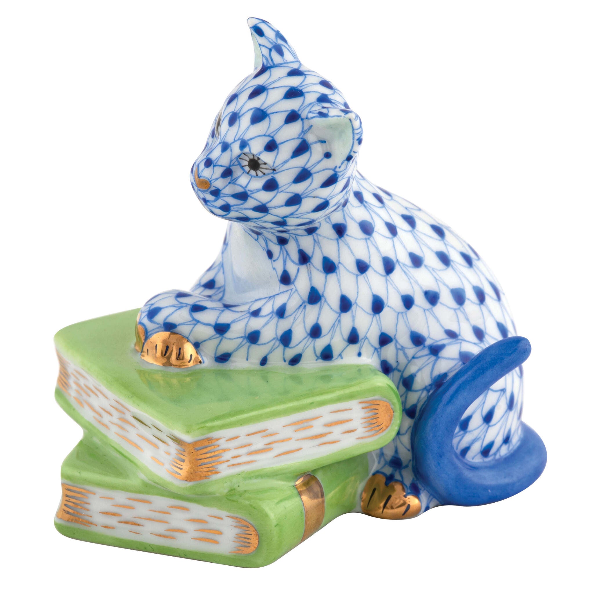 Herend Cat on Books Figurine porcelain figurine painted in the Sapphire fishnet pattern
