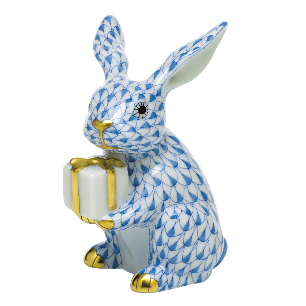 Hand-painted Herend Celebration Bunny Figurine in Blue fishnet porcelain on a white background