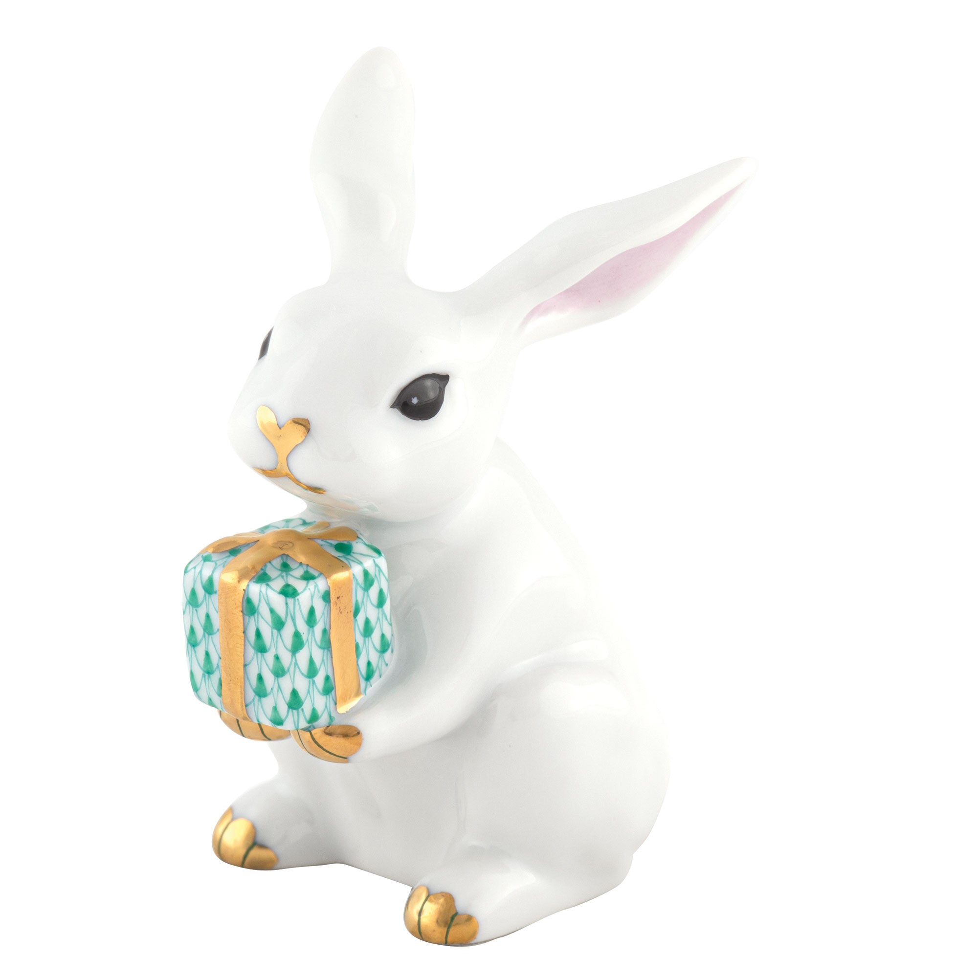 White-Green fishnet Celebration Bunny Figurine figurine, hand-painted Herend porcelain with 24k gold accents