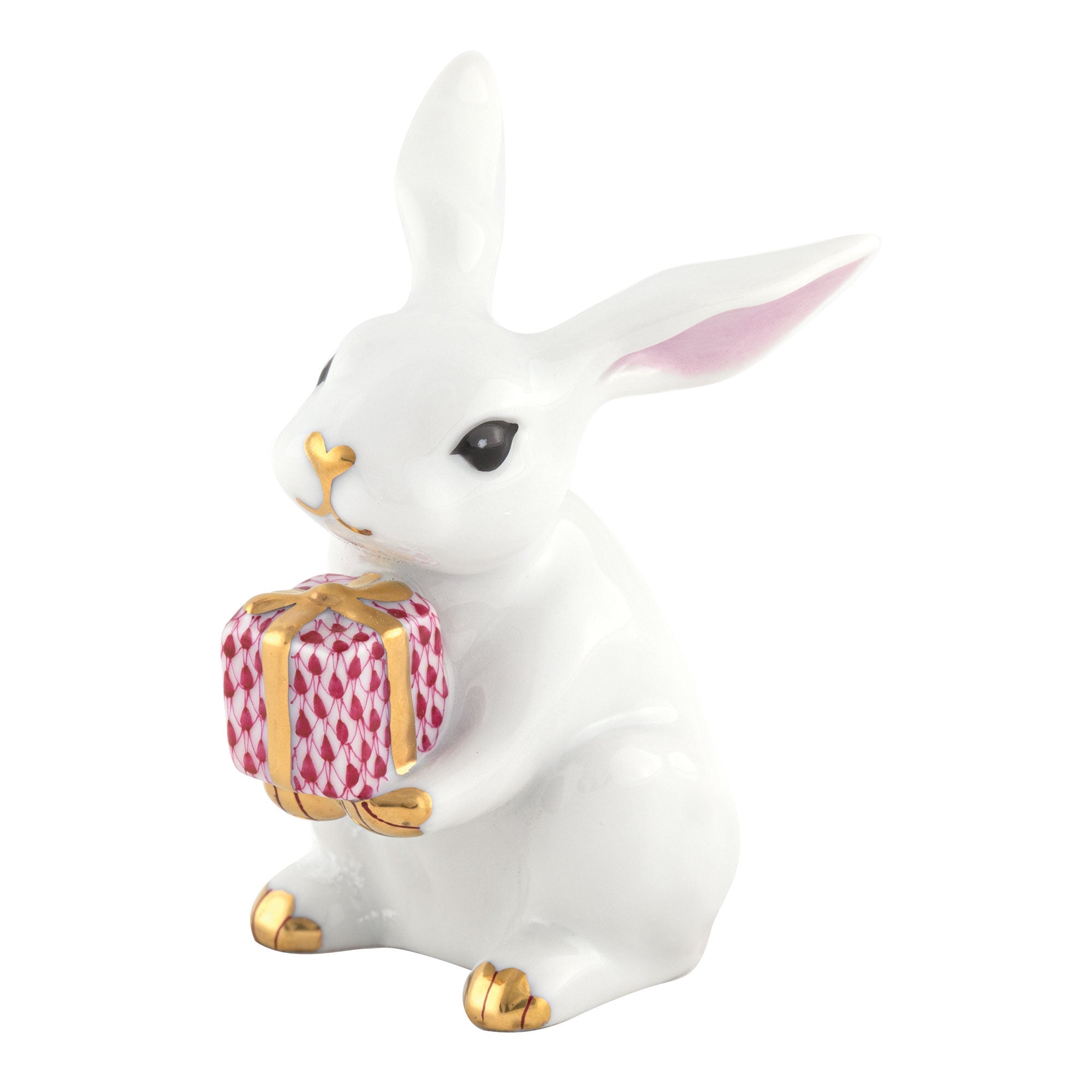 Hand-painted Herend Celebration Bunny Figurine in White-Raspberry fishnet porcelain on a white background