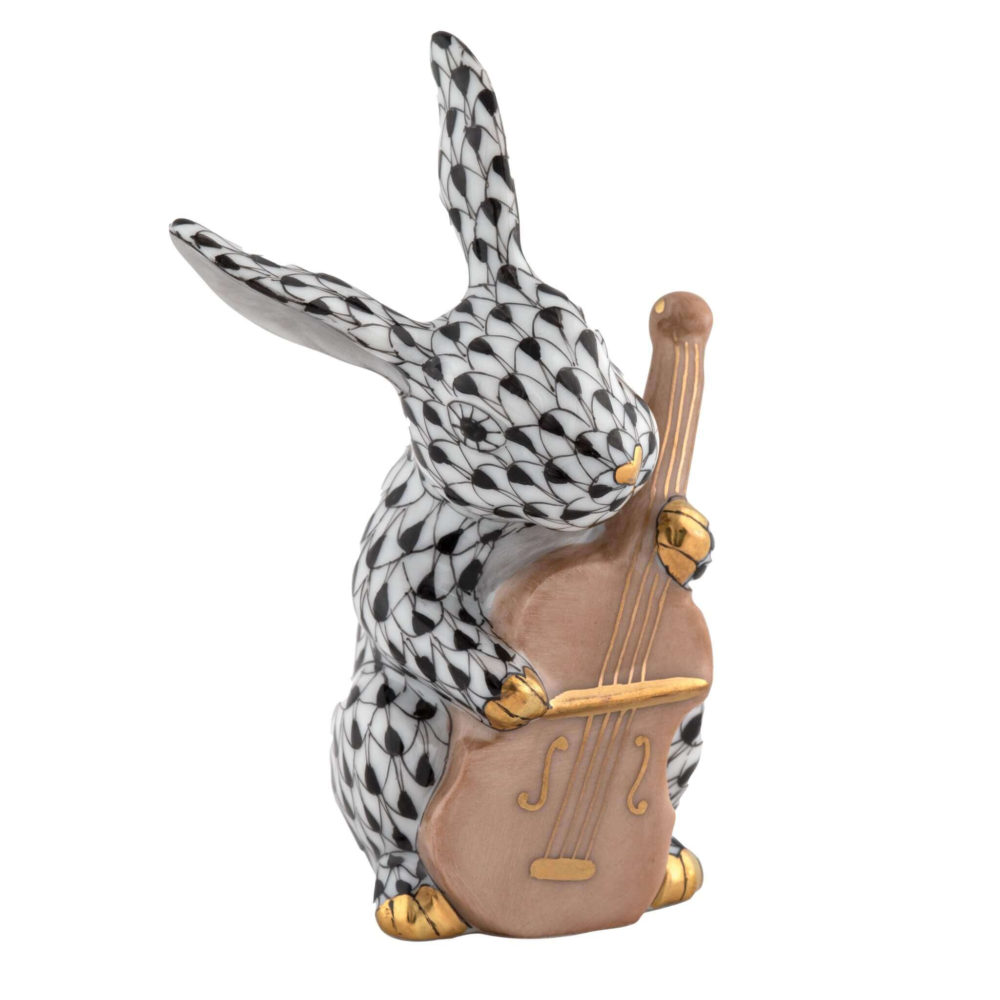 Herend Cello Bunny figurine in Black with black fishnet pattern with gold accents on a white background