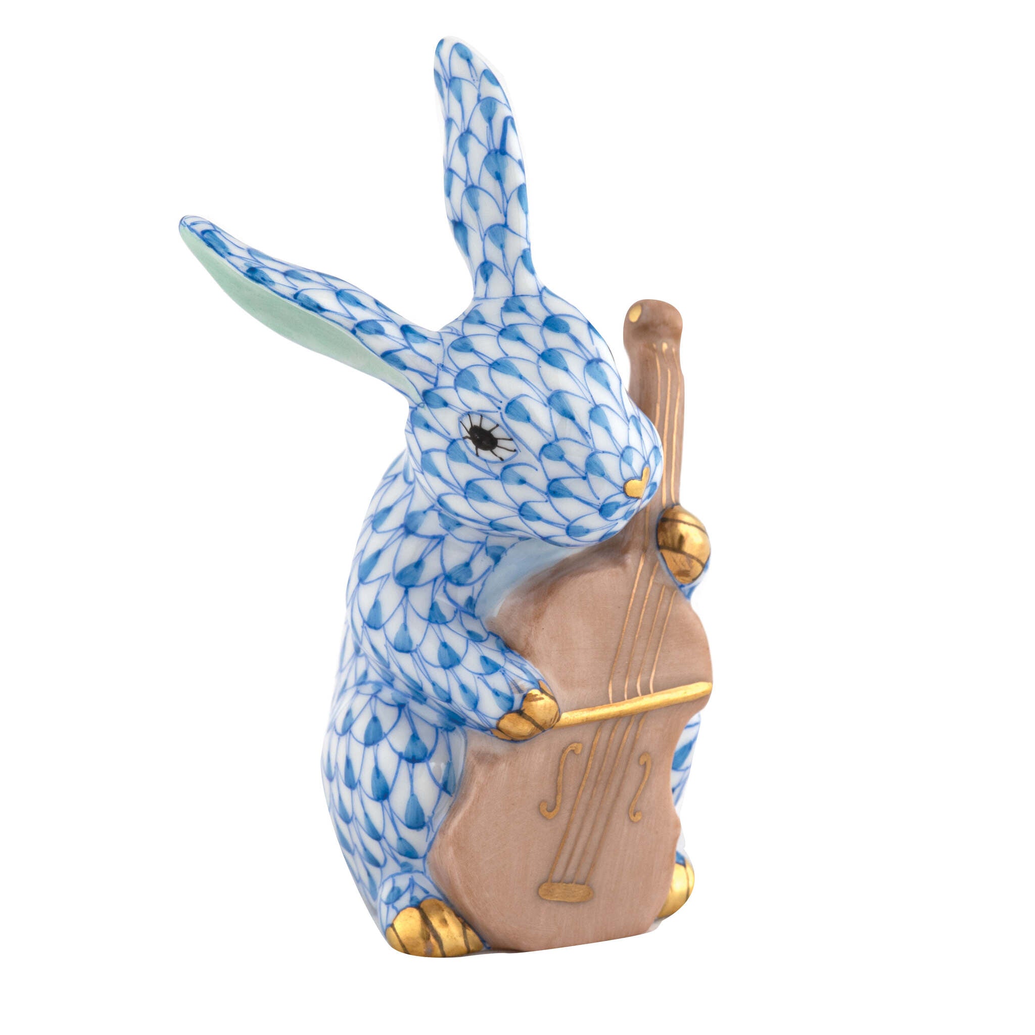 Hand-painted Herend Cello Bunny Figurine in Blue fishnet porcelain on a white background