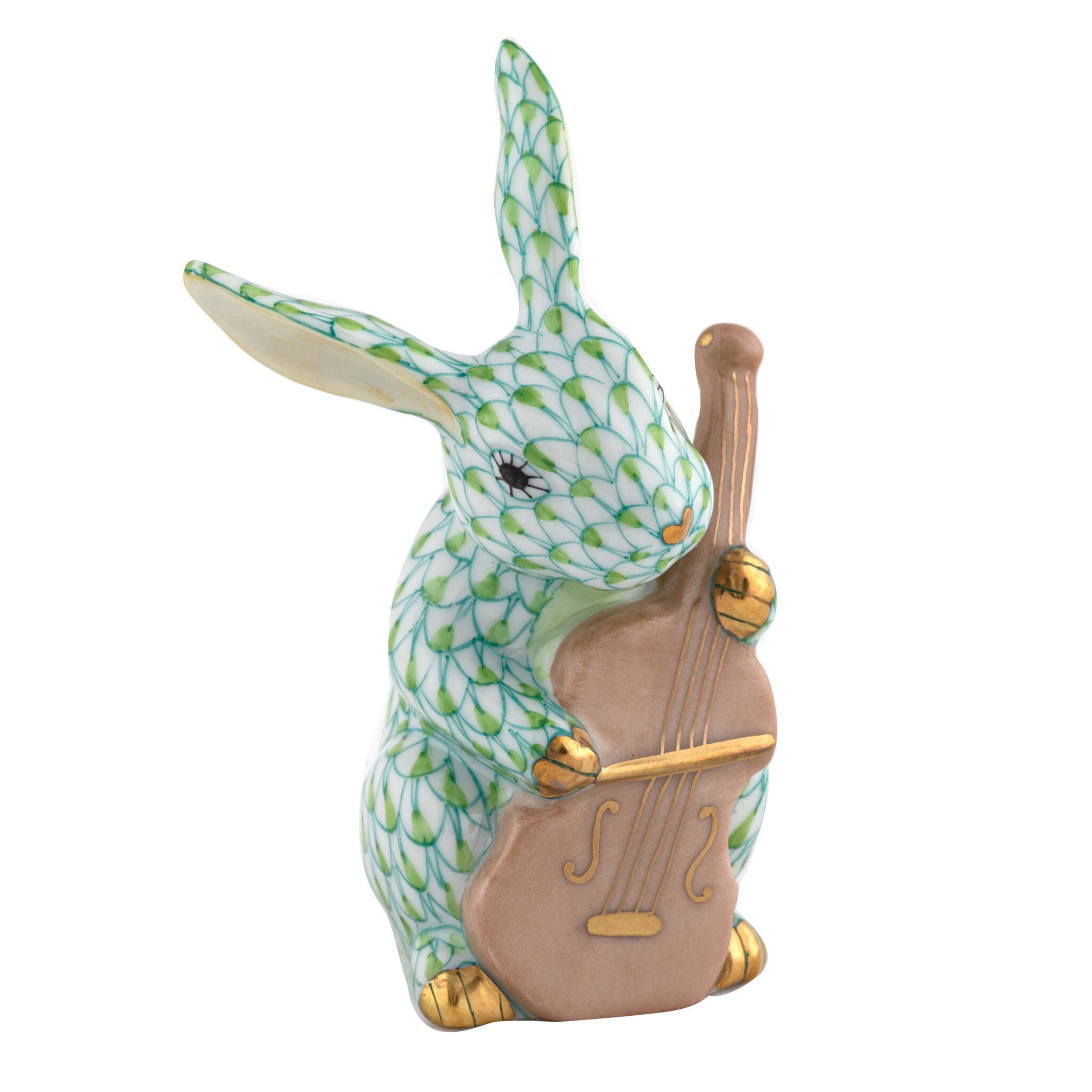 Hand-painted Herend Cello Bunny Figurine in Key Lime fishnet porcelain on a white background