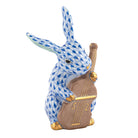 Hand-painted Herend Cello Bunny Figurine in Sapphire fishnet porcelain on a white background