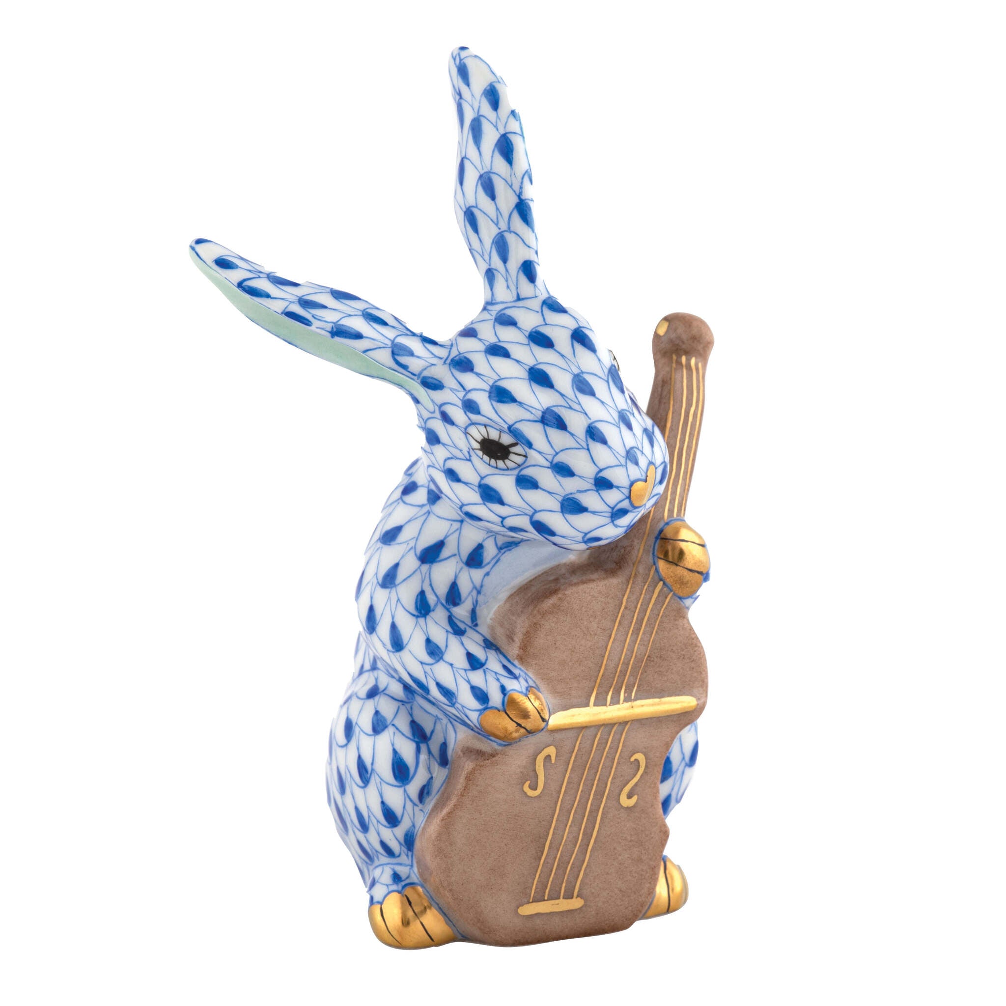 Hand-painted Herend Cello Bunny Figurine in Sapphire fishnet porcelain on a white background