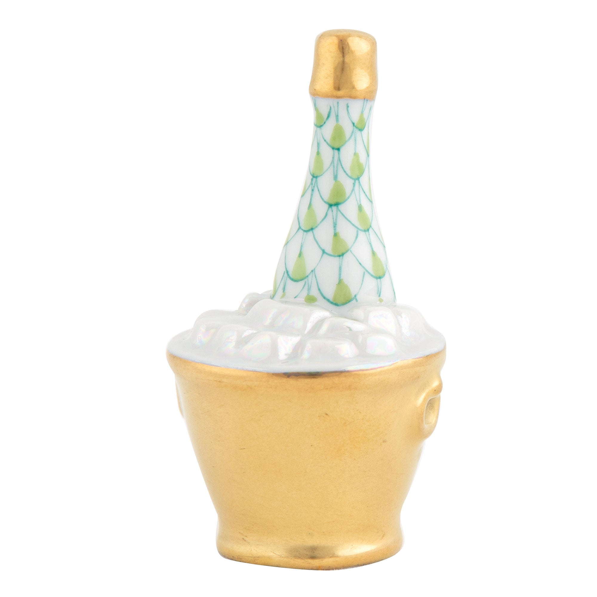 Hand-painted Herend Champagne Bucket Figurine in Key Lime fishnet porcelain on a white background