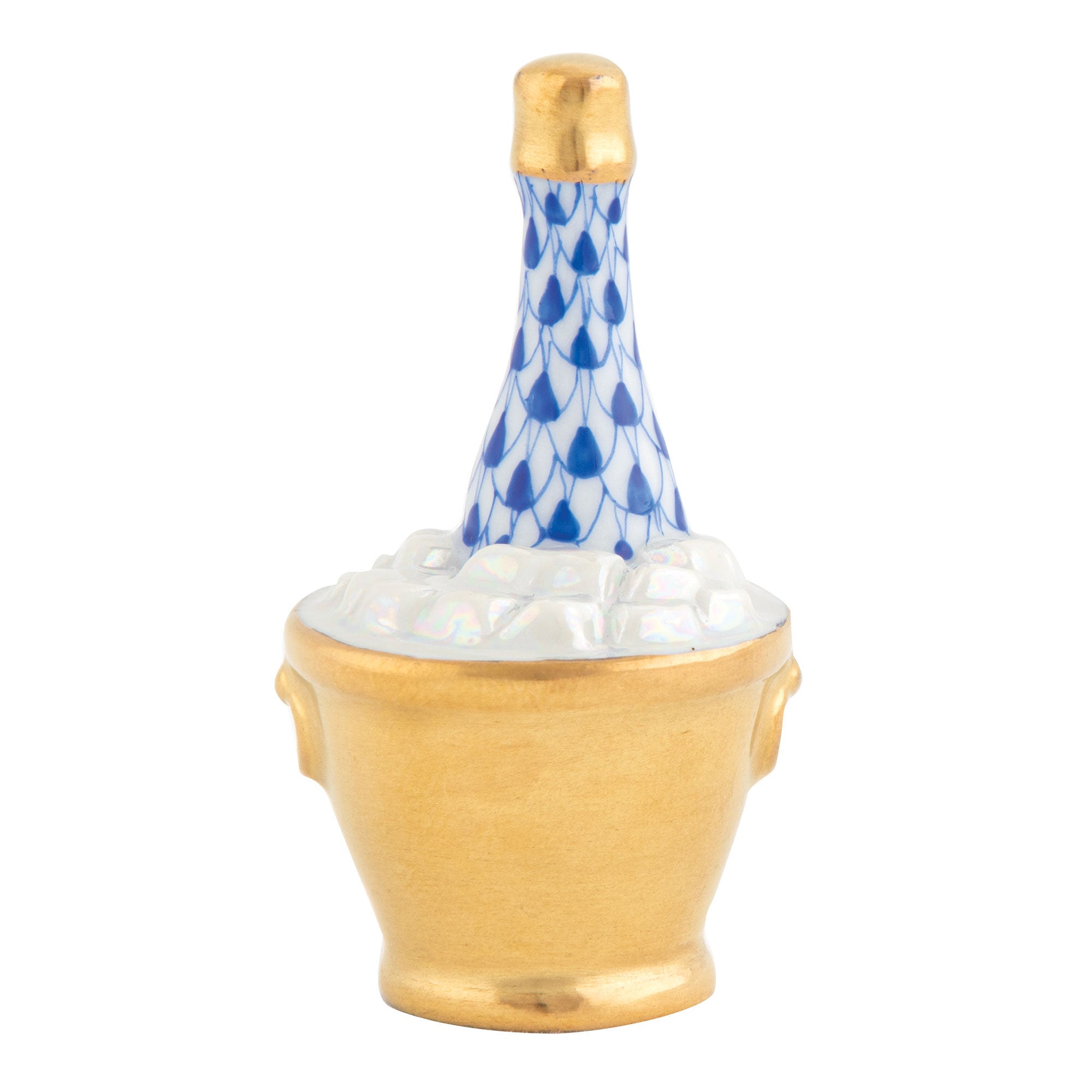 Herend Champagne Bucket Figurine porcelain figurine painted in the Sapphire fishnet pattern
