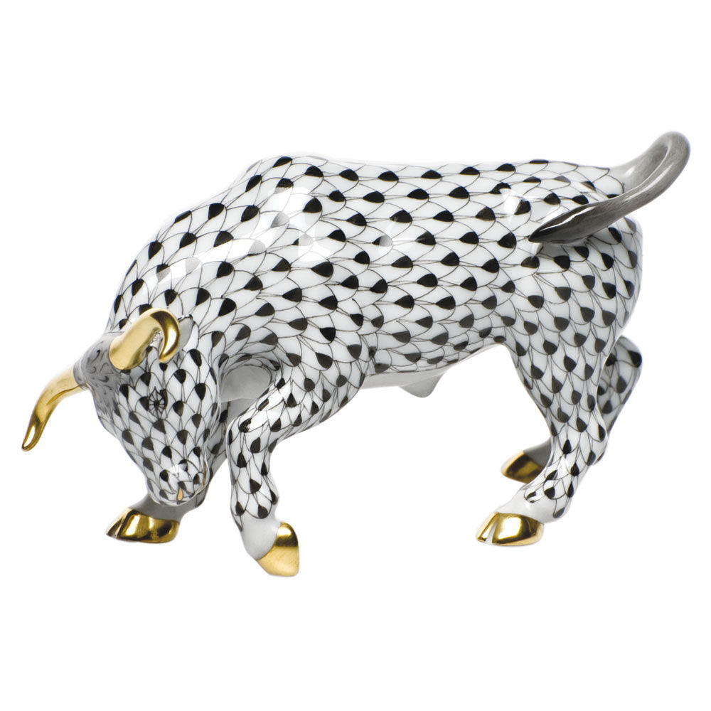 Hand-painted Herend Charging Bull Figurine in fine porcelain, 4.75in L X 3in H, on a white background