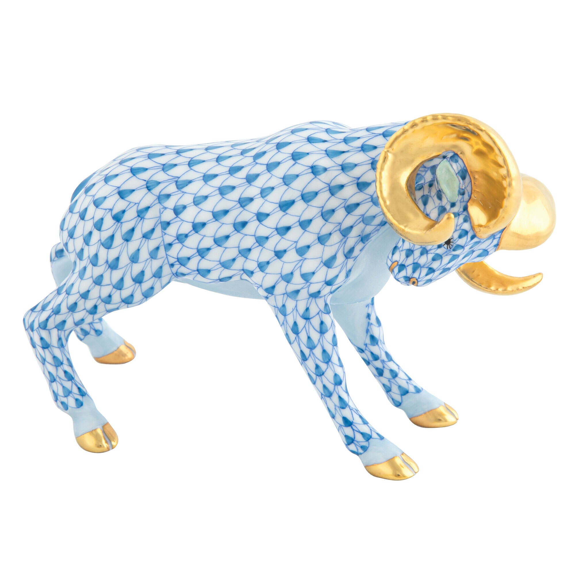 Herend Charging Ram Figurine porcelain figurine painted in the Blue fishnet pattern