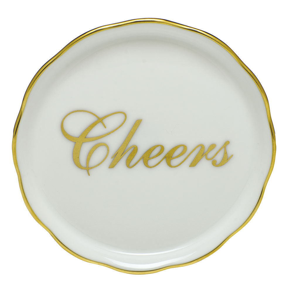 Hand-painted Herend Cheers Coaster in fine porcelain, 4in D, on a white background
