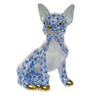 Hand-painted Herend Chihuahua Figurine in Blue fishnet porcelain on a white background
