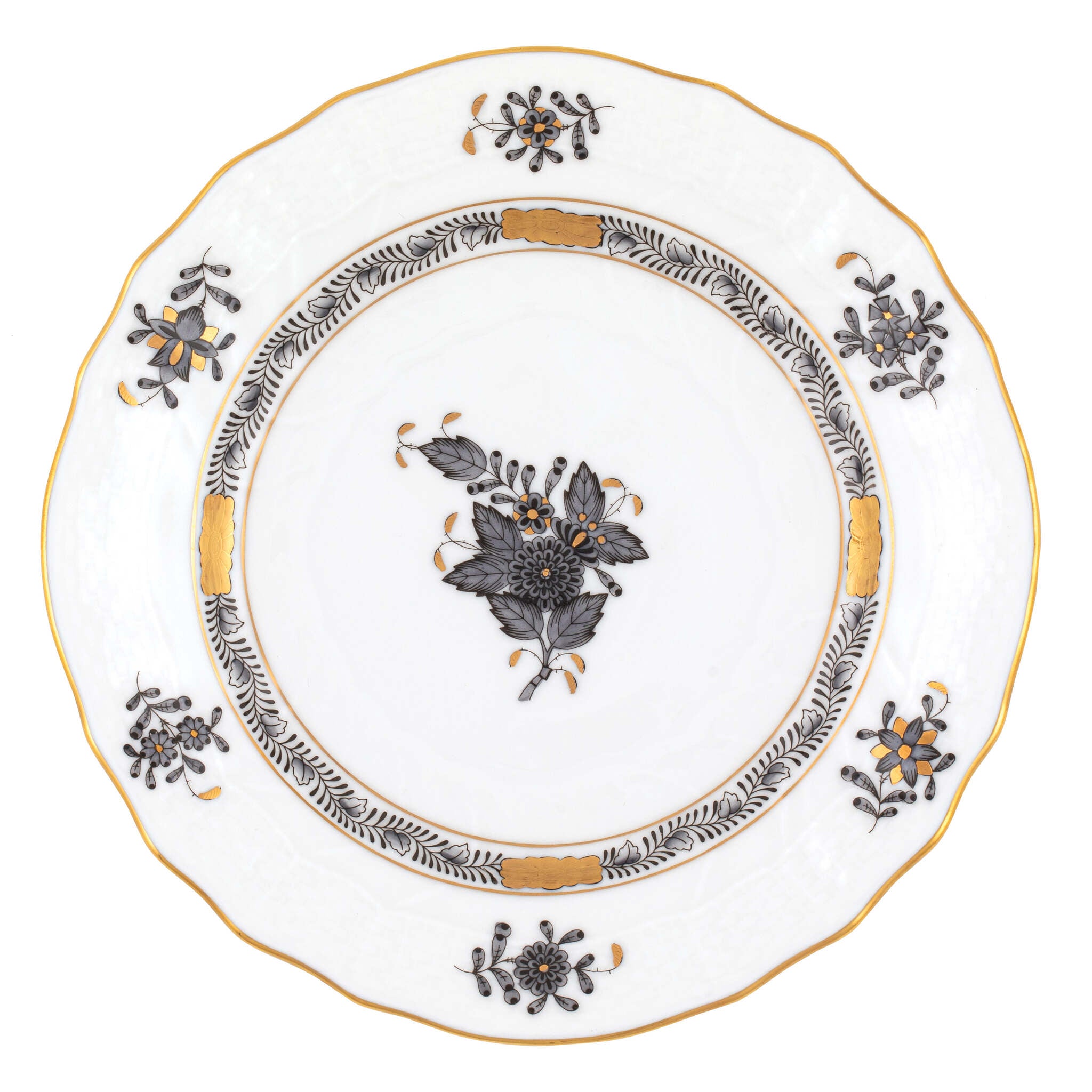 Hand-painted Herend Chinese Bouquet Black Bread and Butter Plate in fine porcelain, 6in D, on a white background