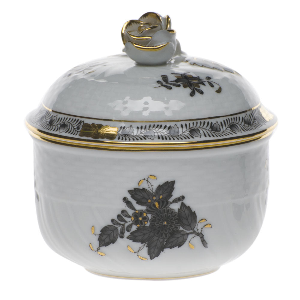 Hand-painted Herend Chinese Bouquet Black Covered Sugar with Rose Sugar Bowl in fine porcelain, (6 OZ) 4in H, on a white background