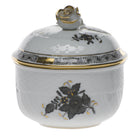 Hand-painted Herend Chinese Bouquet Black Covered Sugar with Rose Sugar Bowl in fine porcelain, (6 OZ) 4in H, on a white background