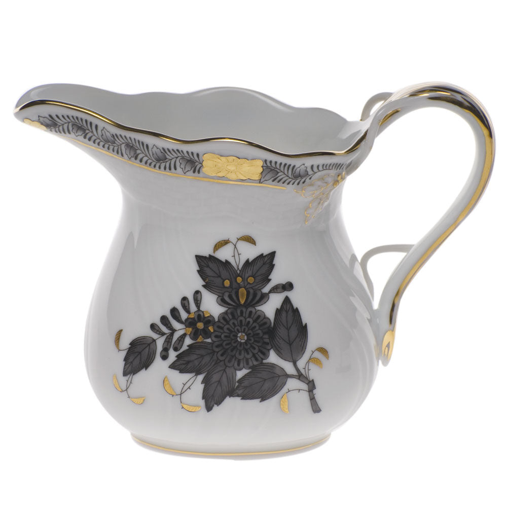 Hand-painted Herend Chinese Bouquet Black Creamer in fine porcelain, (6 OZ) 3.5in H, on a white background