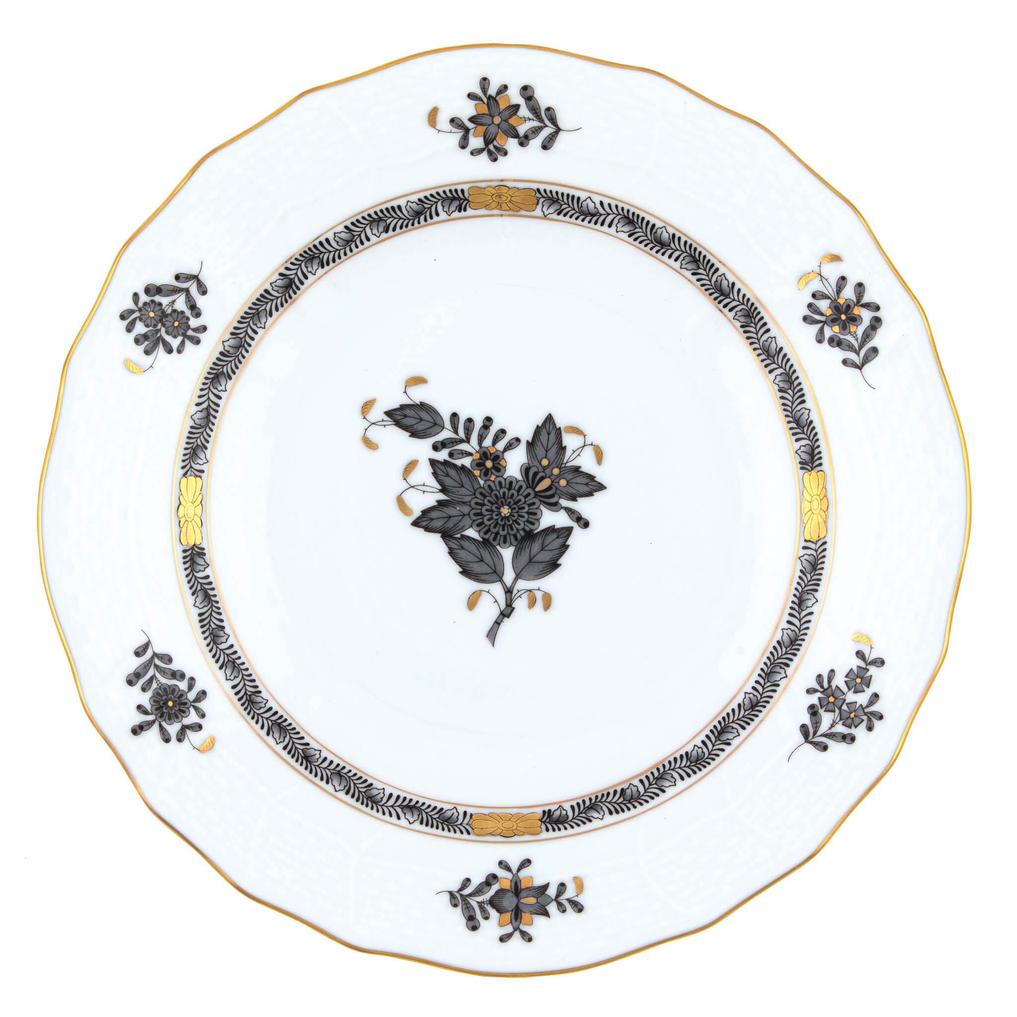 Hand-painted Herend Chinese Bouquet Black Dessert Plate in fine porcelain, 8.25in D, on a white background