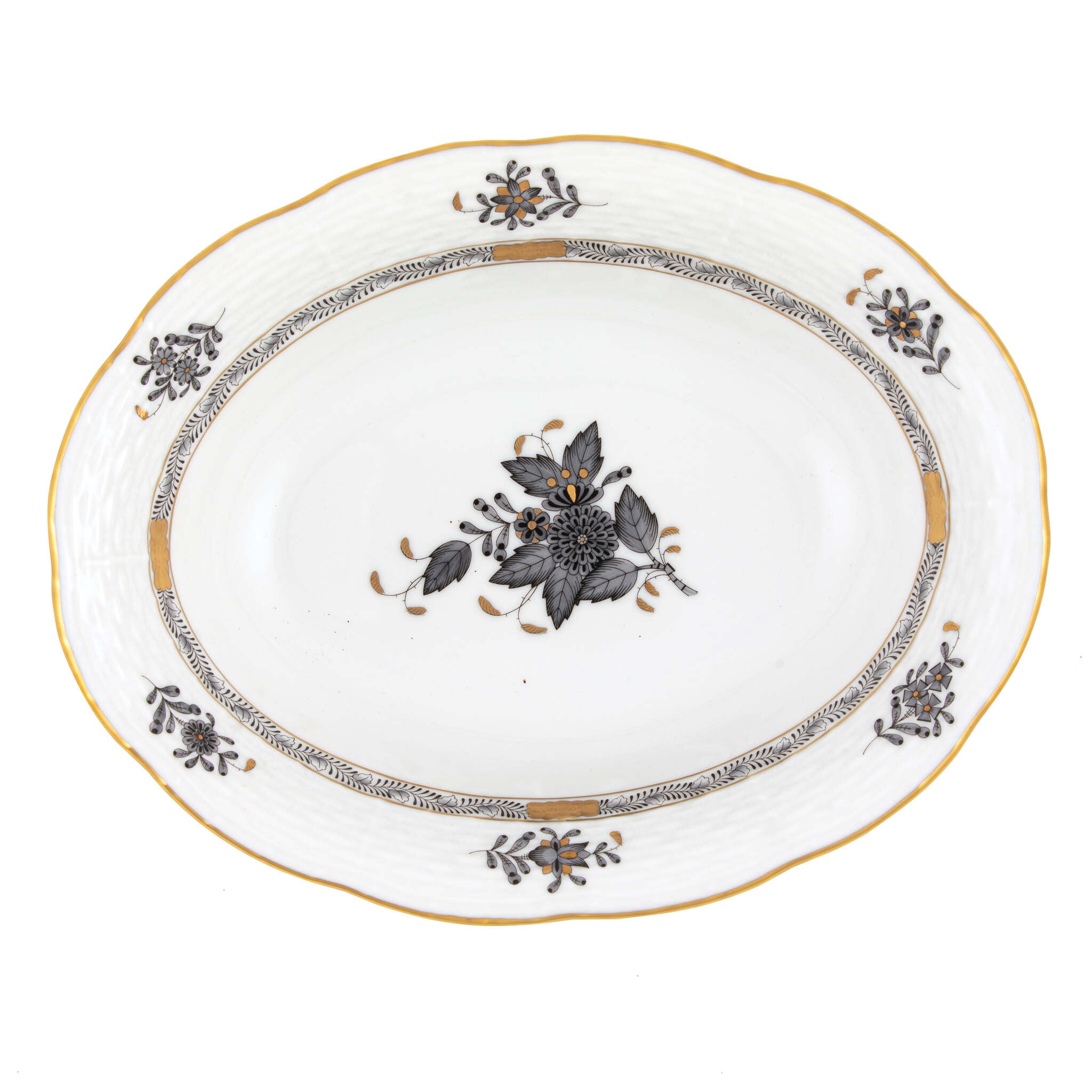 Hand-painted Herend Chinese Bouquet Black Oval Vegetable Dish Serving Bowl in fine porcelain, 10in L X 8in W, on a white background