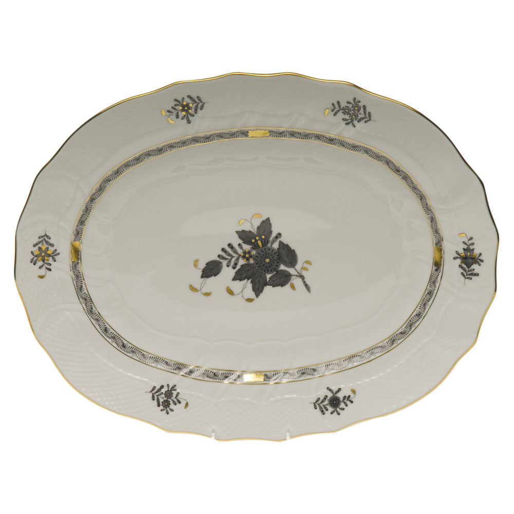 Hand-painted Herend Chinese Bouquet Black Platter in fine porcelain, 17in L X 12.5in W, on a white background