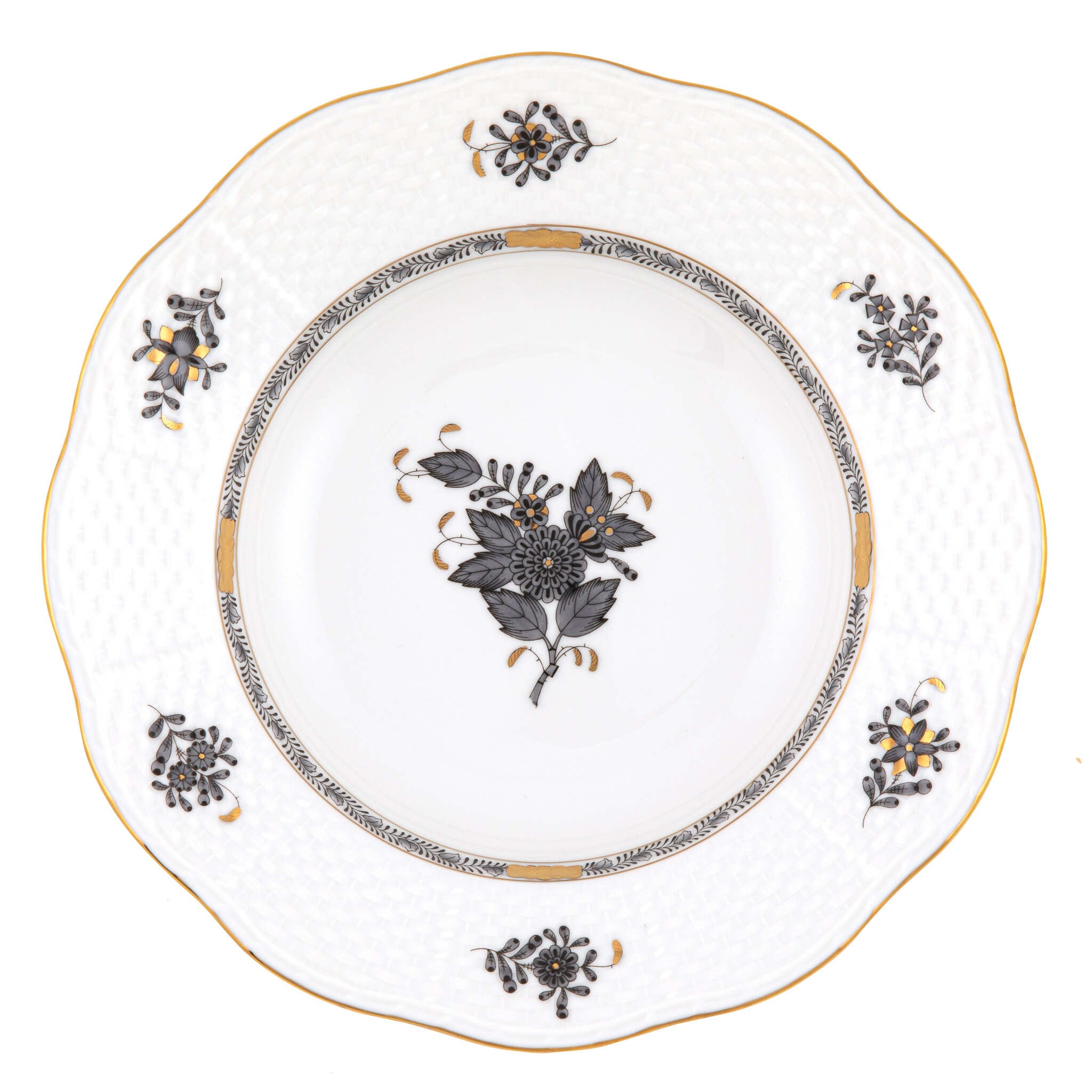 Hand-painted Herend Chinese Bouquet Black Rim Soup Plate Soup Plates & Rimmed Soup Bowl in fine porcelain, 8in D, on a white background