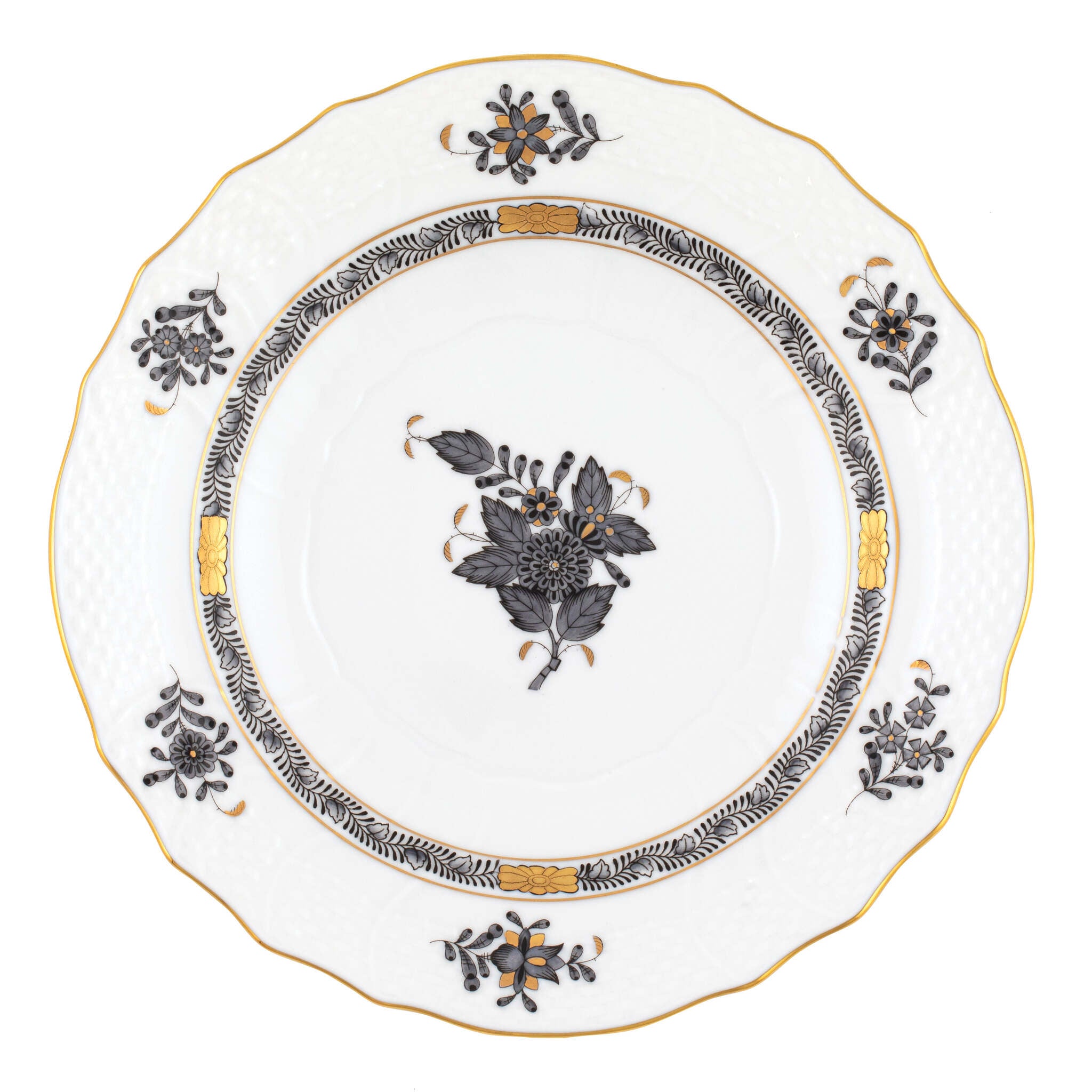 Hand-painted Herend Chinese Bouquet Black Salad Plate in fine porcelain, 7.5in D, on a white background